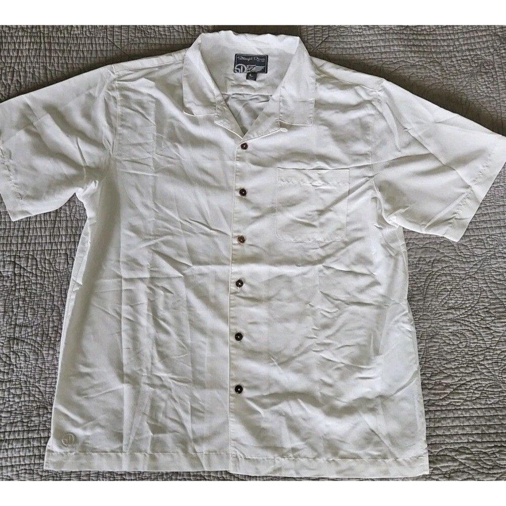 Straight Down Modal Camp Shirt Men's L Beige Striped Wooden Button Up